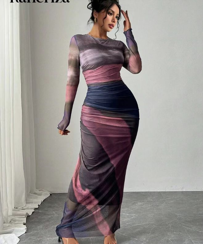 Sally – Comfy Printed Long Sleeve Round Neck Bodycon Maxi Dress