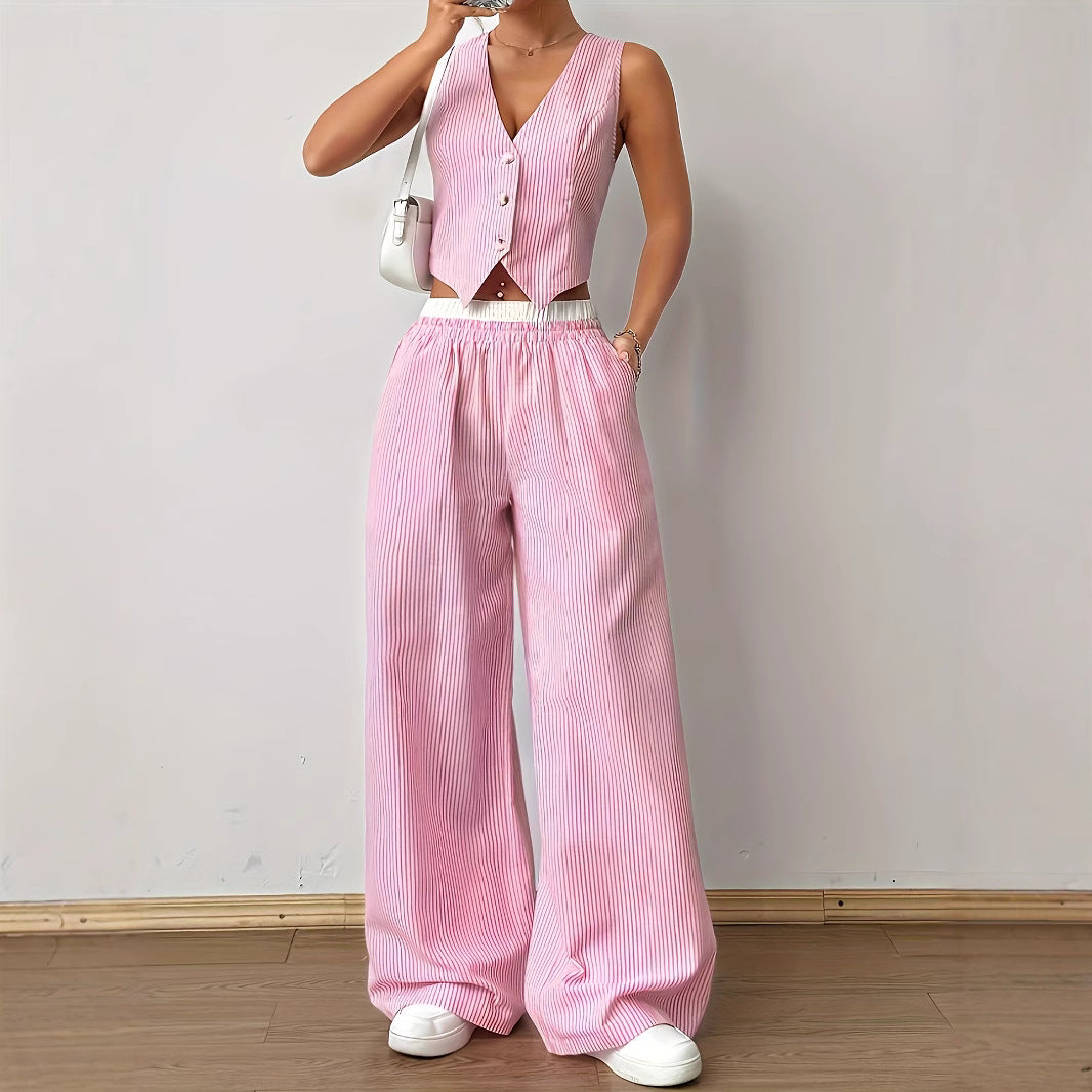 Helena – Elegant Striped Print Vest Top and Wide Leg Pants Set