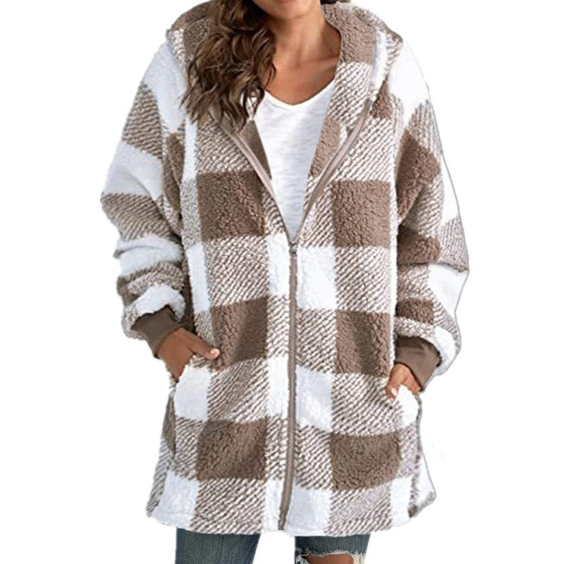 Arabella – Plaid Fleece Long Sleeve Hooded Coat