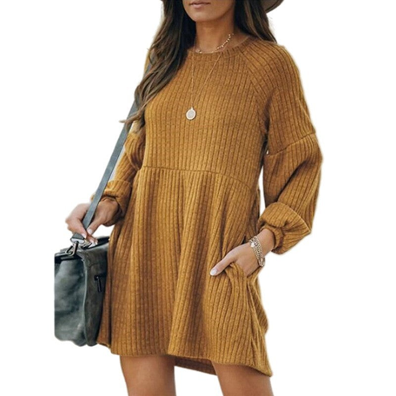 Sheena – Cosy Ribbed Bishop Sleeve Round Neck Mini Dress