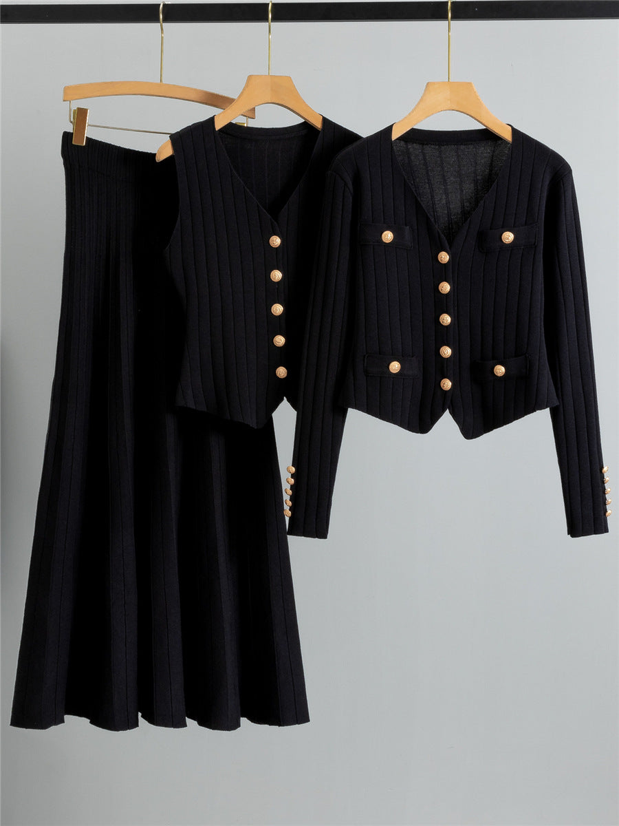 Xandy – Elegant V-Neck Buttoned Vest and High Waist Skirt