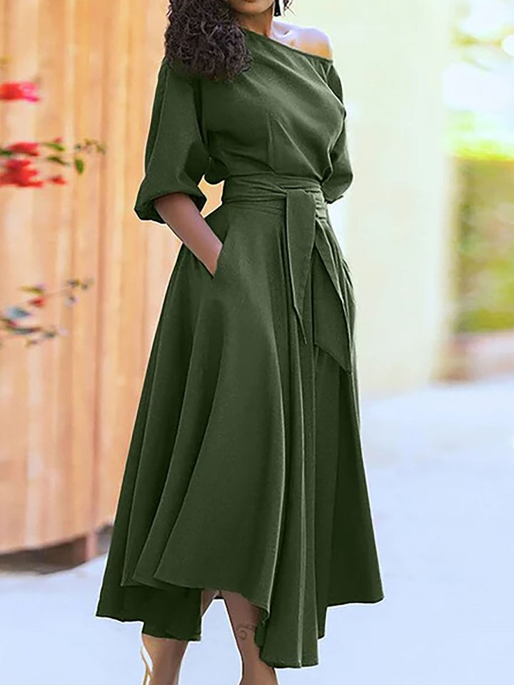 Deirdre – Elegant Belted Bishop Sleeve Boat Neck A-Line Dress