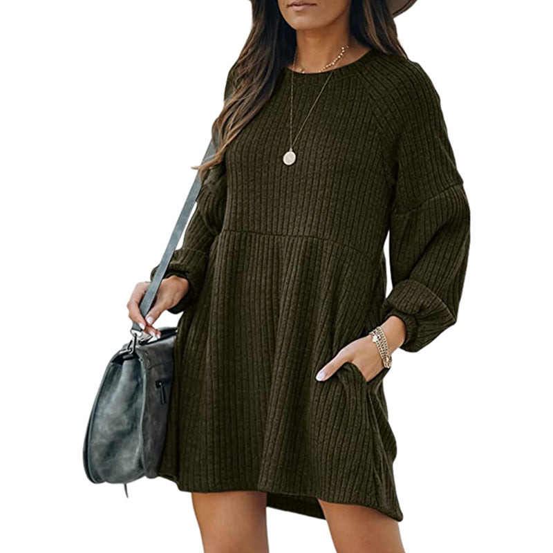 Sheena – Cosy Ribbed Bishop Sleeve Round Neck Mini Dress