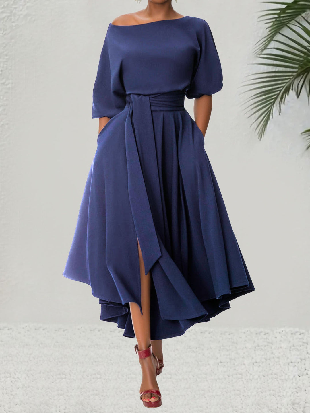 Deirdre – Elegant Belted Bishop Sleeve Boat Neck A-Line Dress