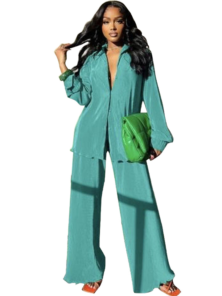Cleo – Chic Collared Long Sleeve and Wide Leg Pant Set