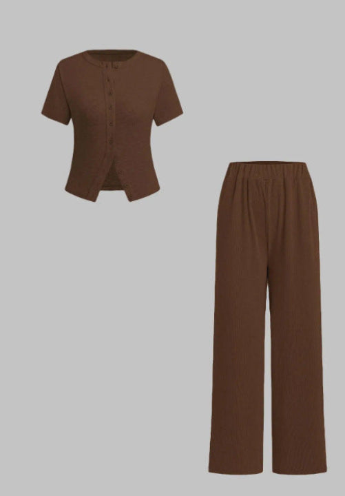 Miranda – Casual Button Front Top and Wide Leg Pants Set