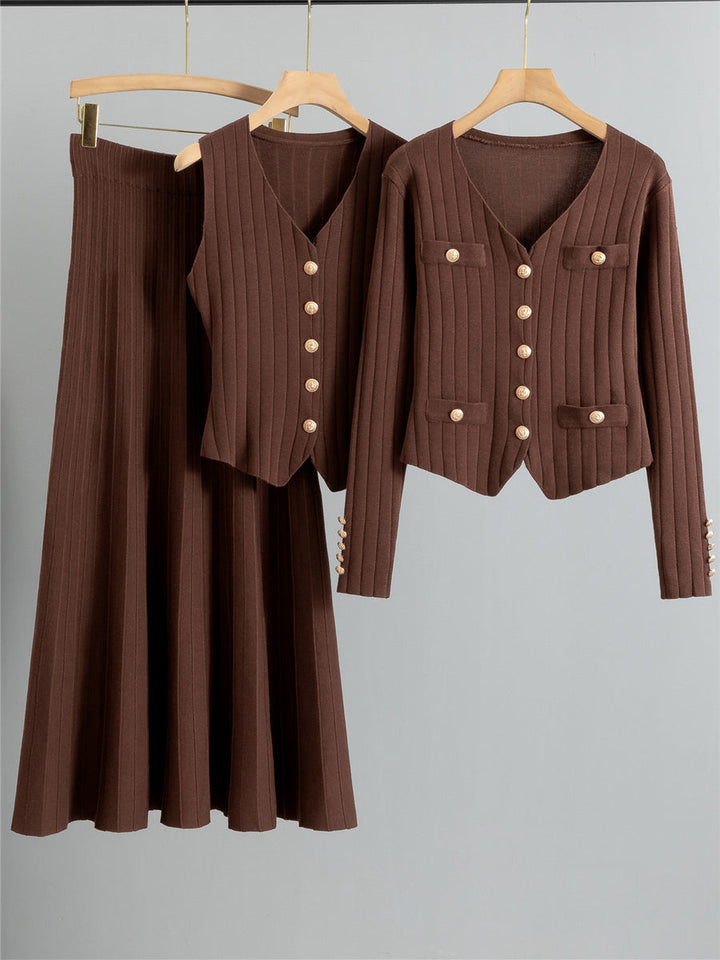 Xandy – Elegant V-Neck Buttoned Vest and High Waist Skirt