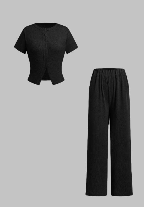 Miranda – Casual Button Front Top and Wide Leg Pants Set