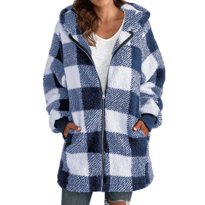 Arabella – Plaid Fleece Long Sleeve Hooded Coat