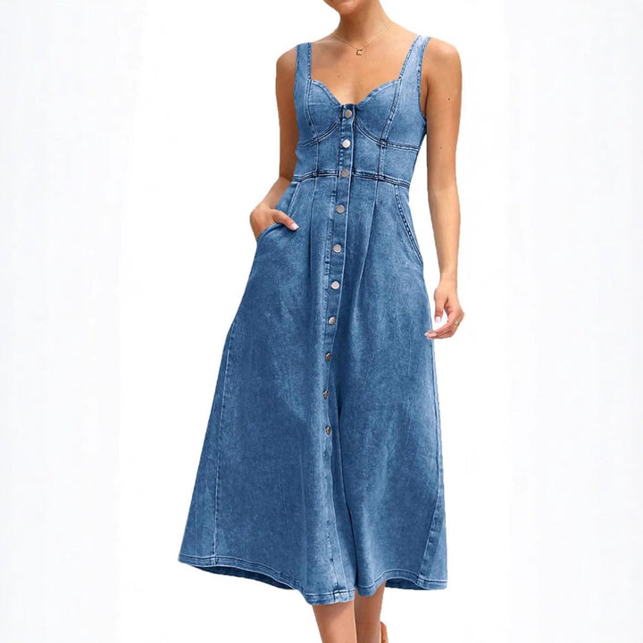 Teresa – Classic Sleeveless Button-Front Denim Dress