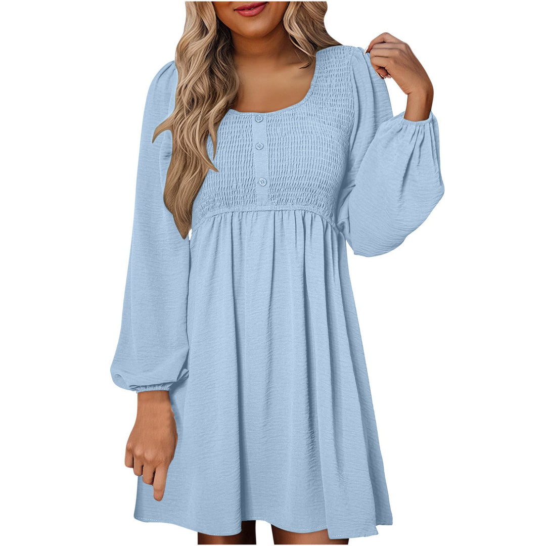 Nancy – Casual Smocked Empire Waist A-Line Dress with Button-Up Detail