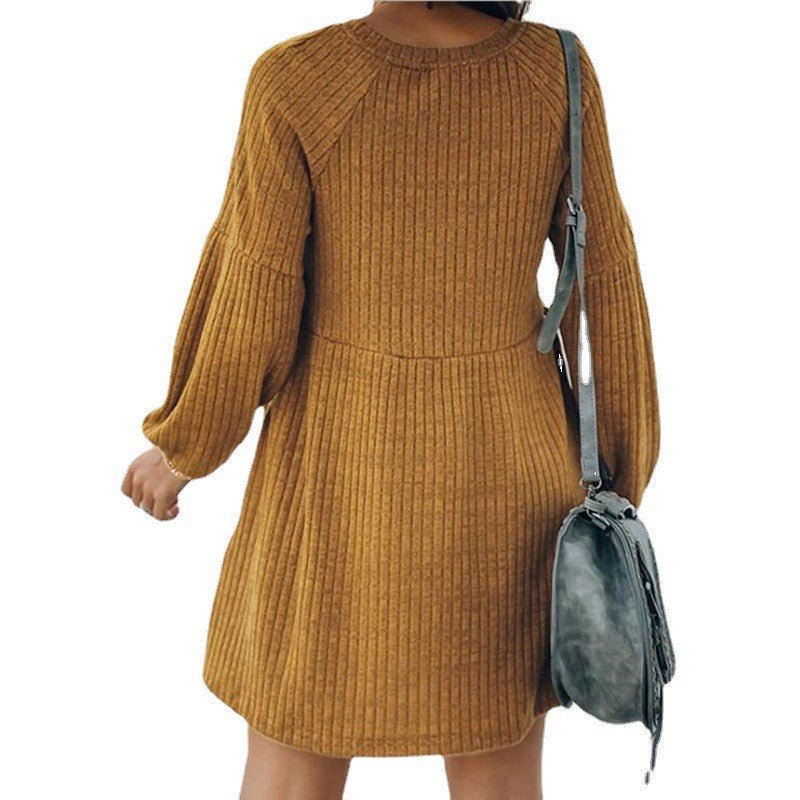 Sheena – Cosy Ribbed Bishop Sleeve Round Neck Mini Dress