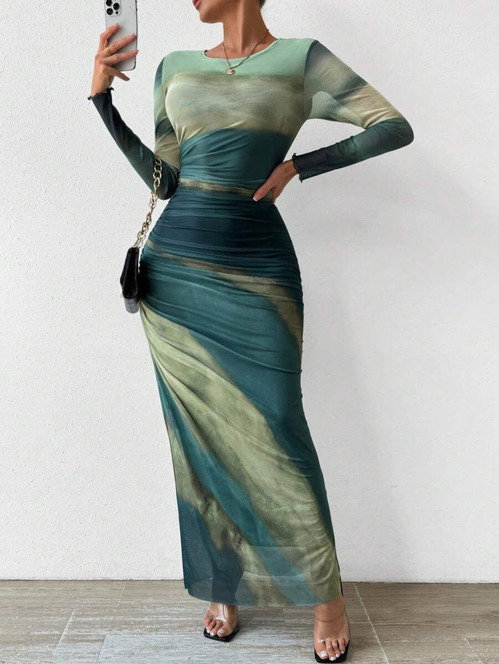 Sally – Comfy Printed Long Sleeve Round Neck Bodycon Maxi Dress