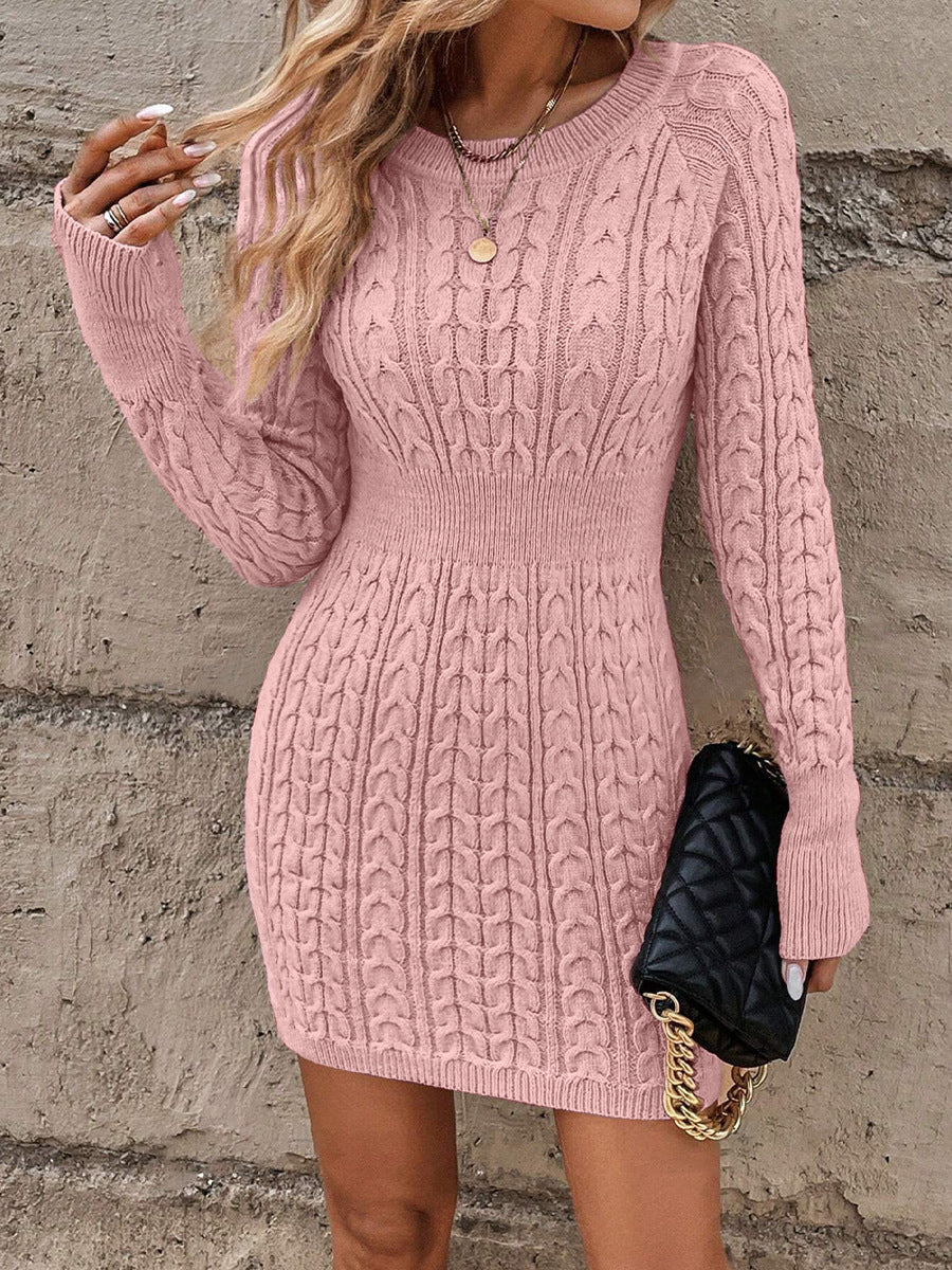 Ethel – Cable Knit Bodycon Sweater Dress with Round Neck