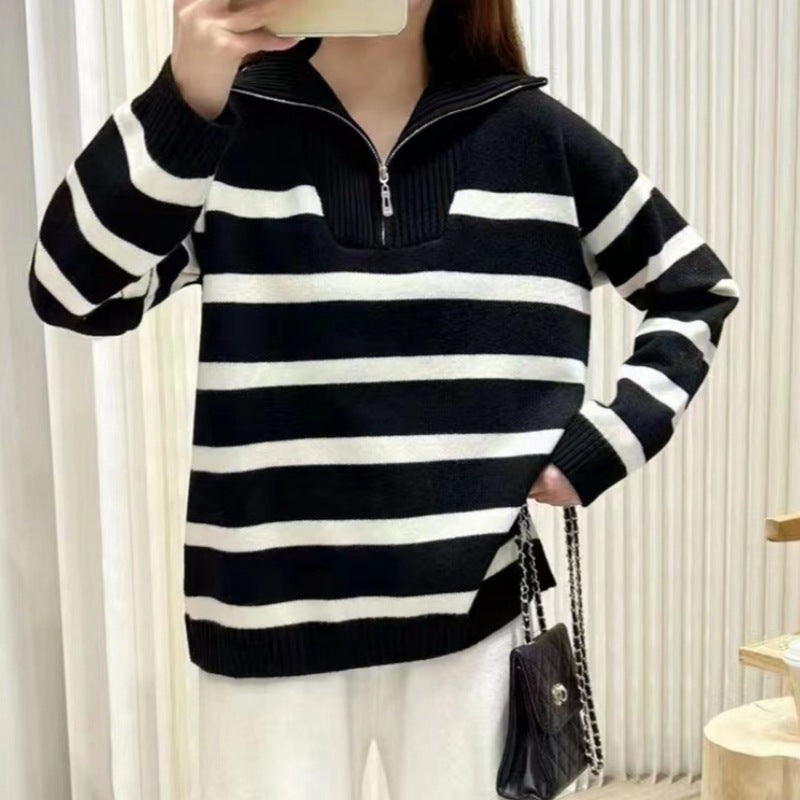 Tiana – Chic Striped Long Sleeve Collared Top