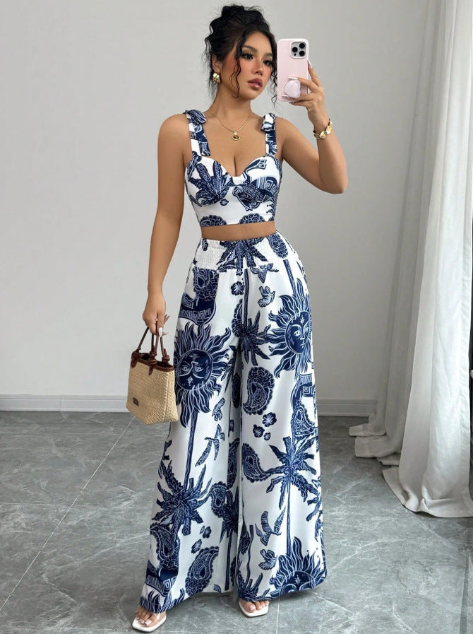 Vivienne – Elegant Boho Printed Crop and Wide Leg Pants Set