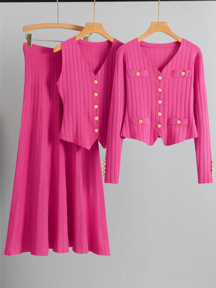 Xandy – Elegant V-Neck Buttoned Vest and High Waist Skirt