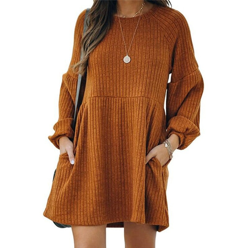 Sheena – Cosy Ribbed Bishop Sleeve Round Neck Mini Dress