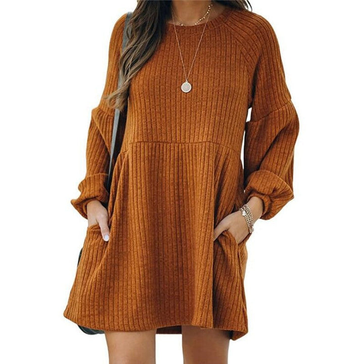 Sheena – Cosy Ribbed Bishop Sleeve Round Neck Mini Dress