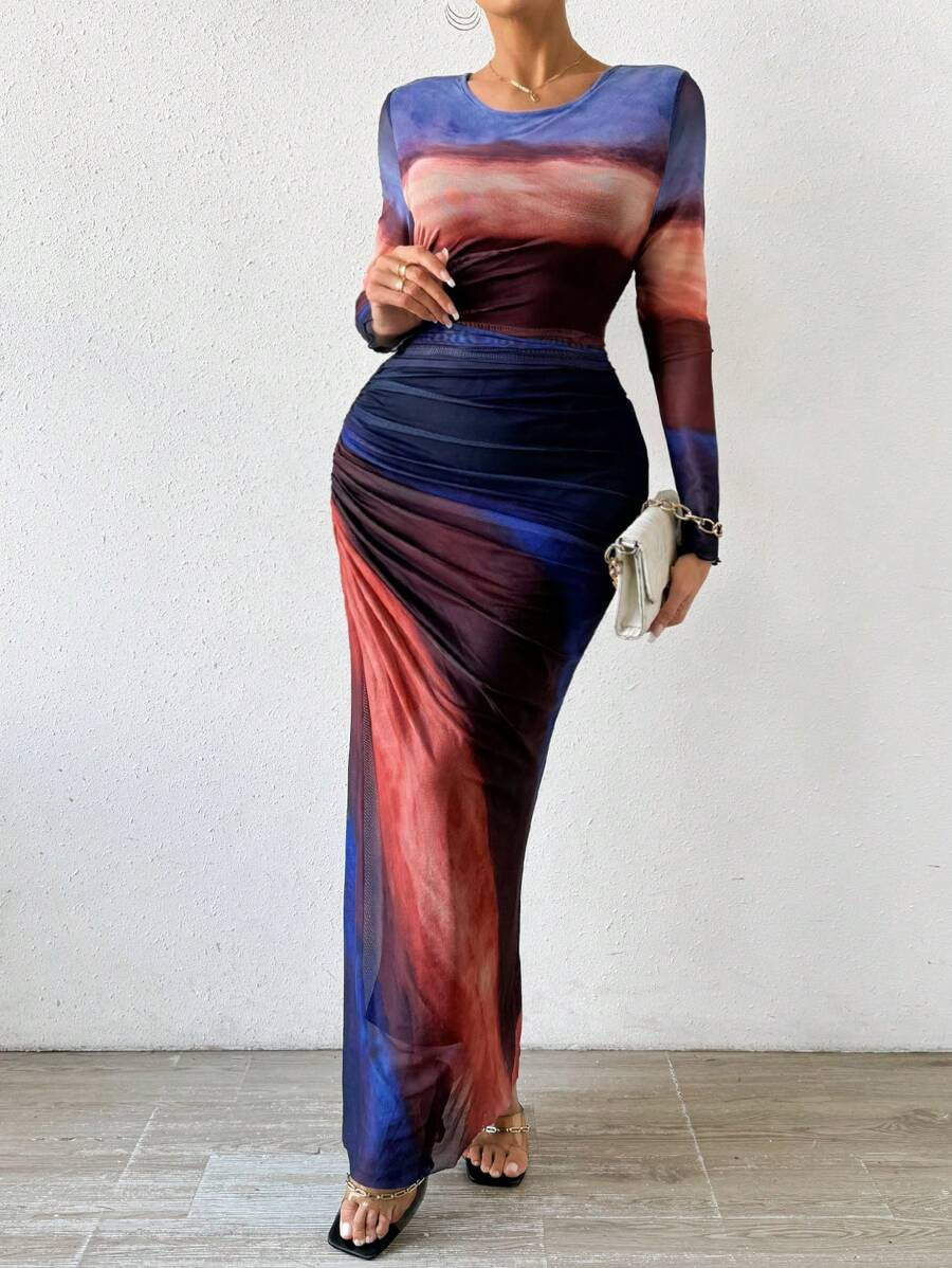 Julia – Comfy Printed Long Sleeve Round Neck Bodycon Maxi Dress