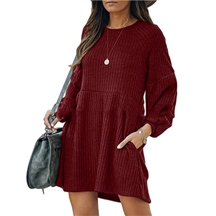 Sheena – Cosy Ribbed Bishop Sleeve Round Neck Mini Dress