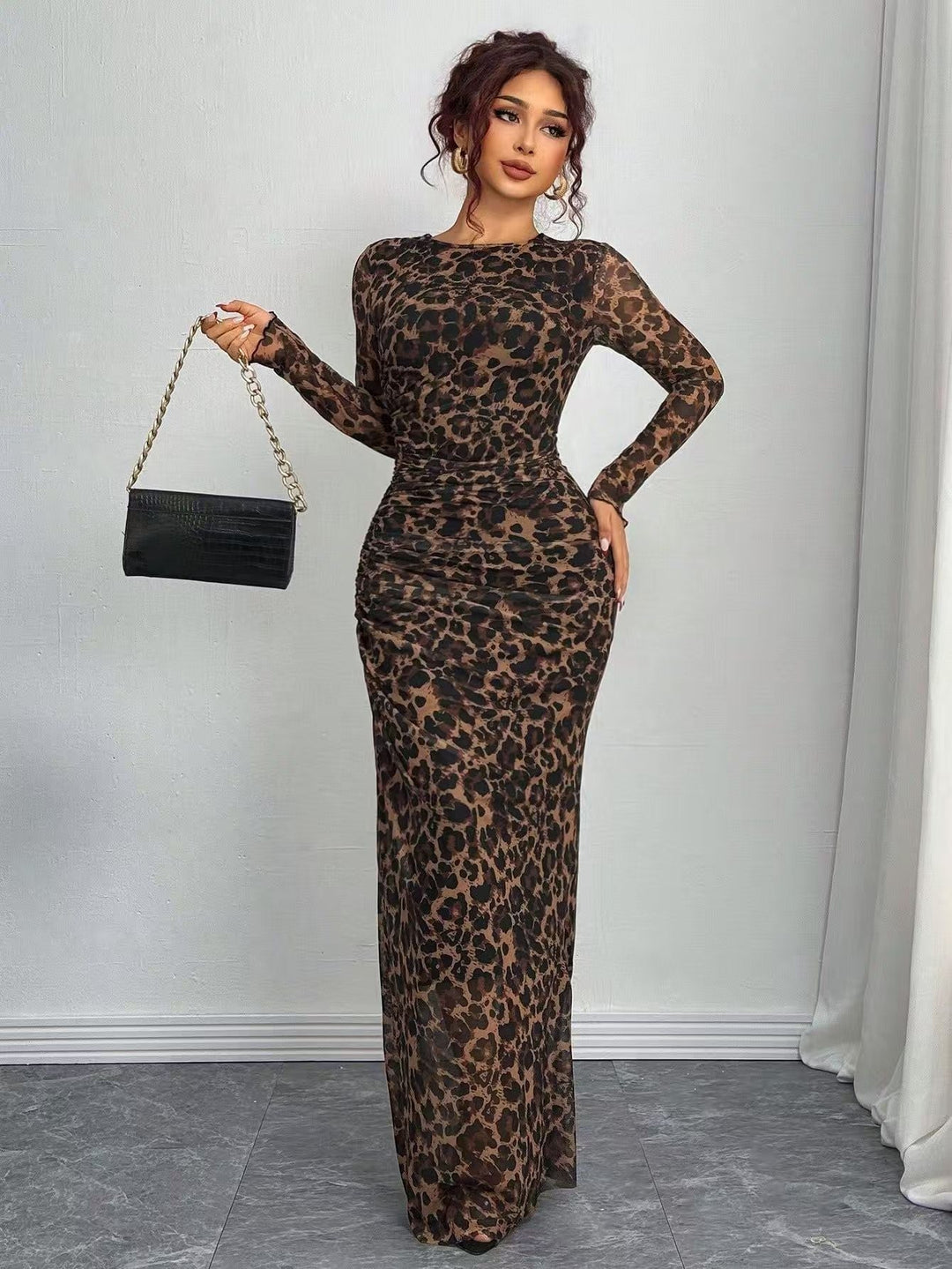 Sally – Comfy Printed Long Sleeve Round Neck Bodycon Maxi Dress