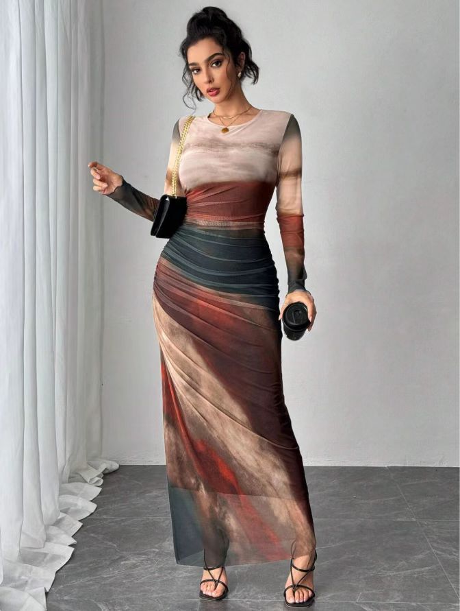 Sally – Comfy Printed Long Sleeve Round Neck Bodycon Maxi Dress