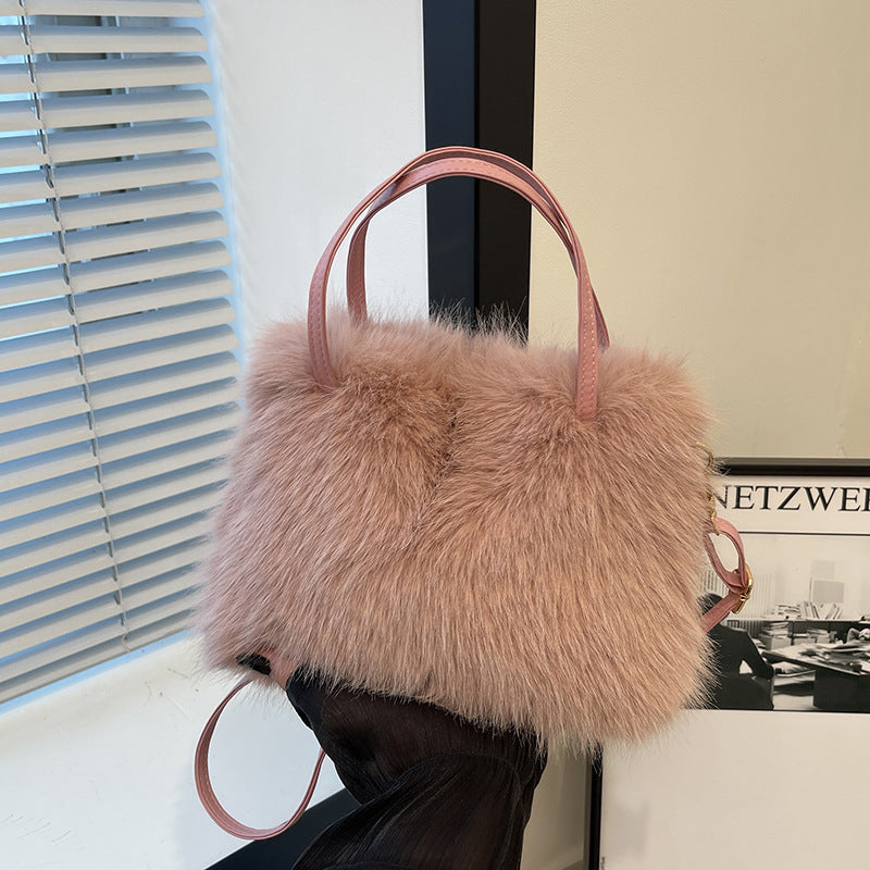 Lizzie – Fashionable Imitation Fur Small Handbag with Grip Handle and Shoulder Strap