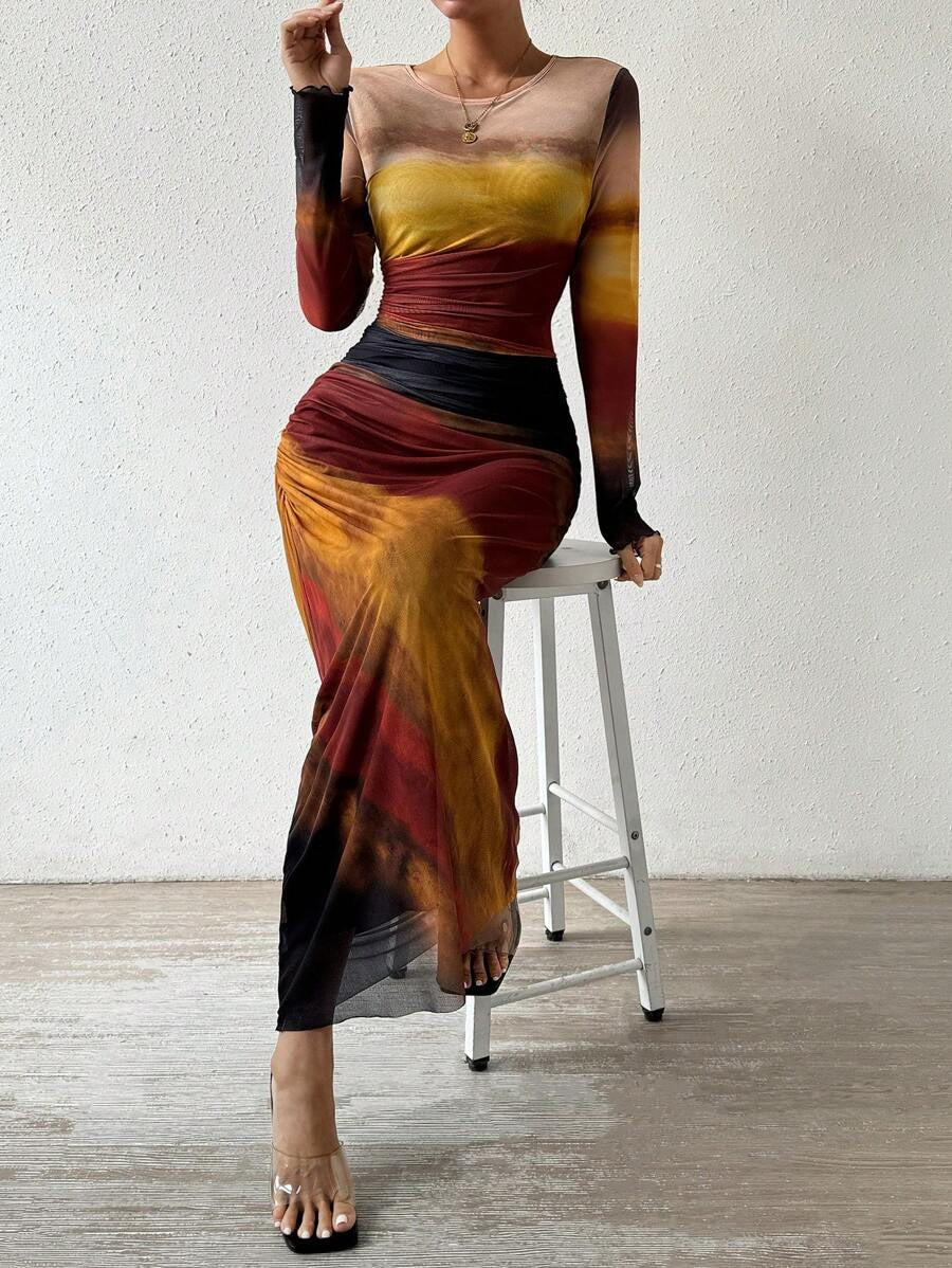 Sally – Comfy Printed Long Sleeve Round Neck Bodycon Maxi Dress