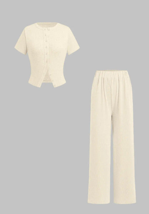 Miranda – Casual Button Front Top and Wide Leg Pants Set