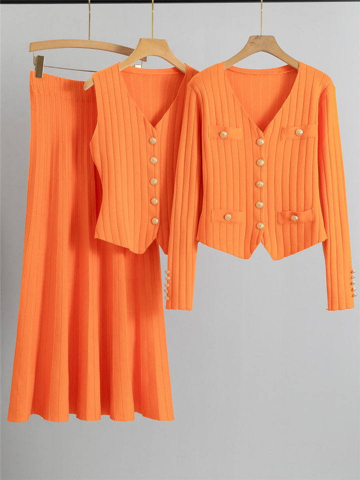 Xandy – Elegant V-Neck Buttoned Vest and High Waist Skirt