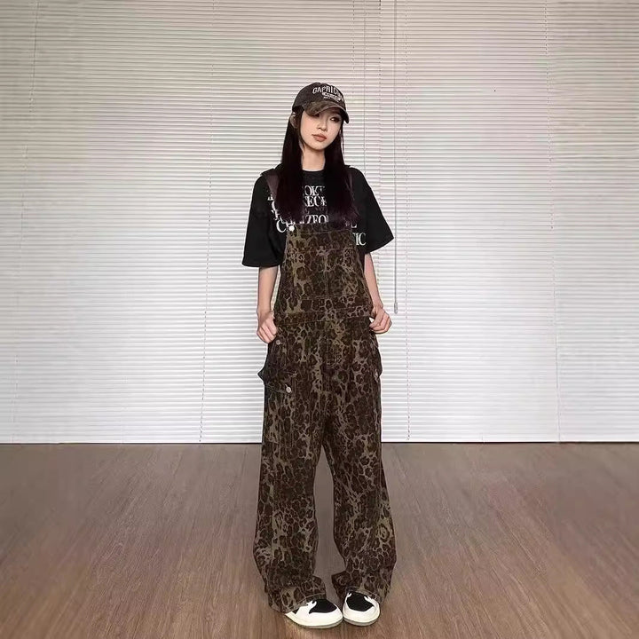 Cheryl – Vintage Leopard Wide Leg Overall Jumpsuit