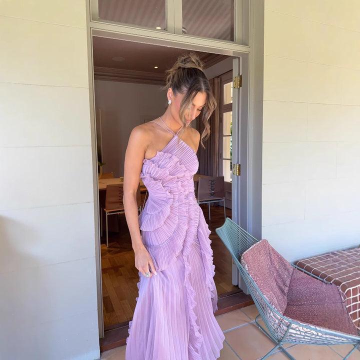 Angela – Elegant Halter Neck Lotus Summer Maxi Dress
