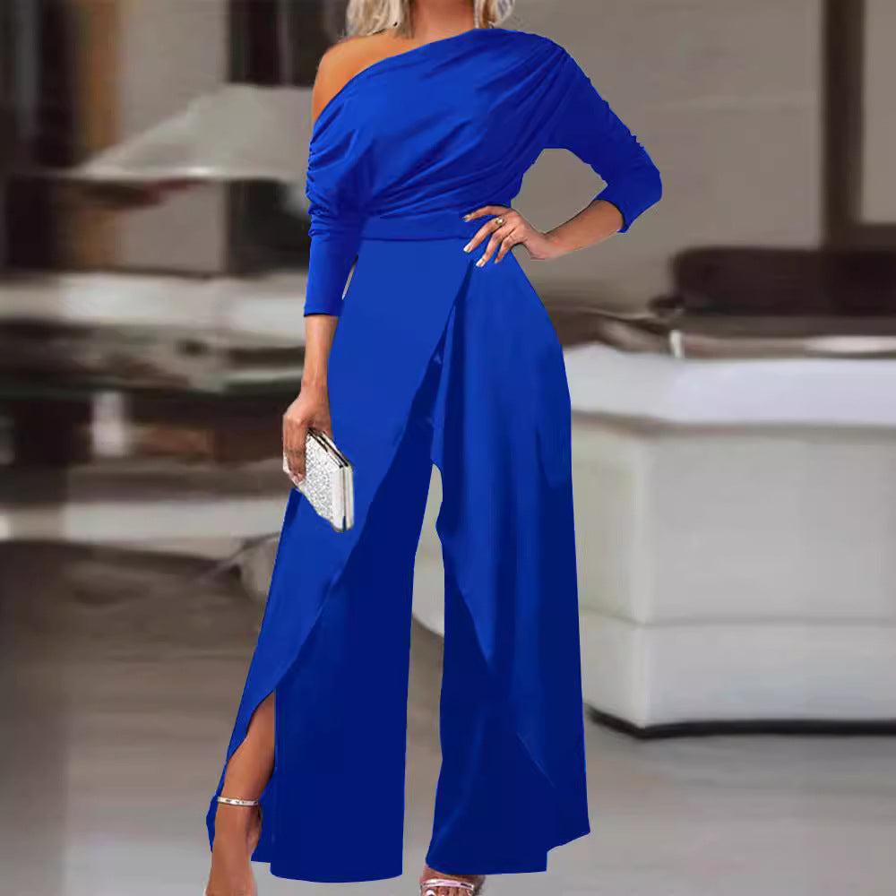 Angela – Elegant Ruched Wrap Split Hem Jumpsuit