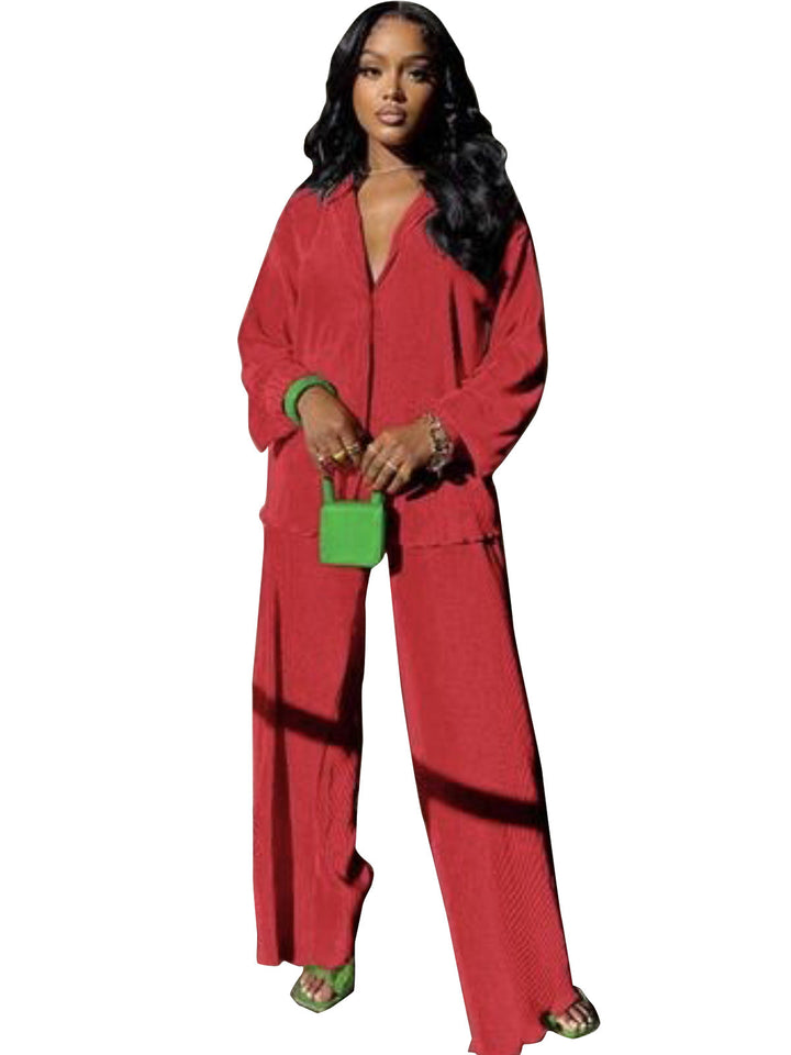 Cleo – Chic Collared Long Sleeve and Wide Leg Pant Set