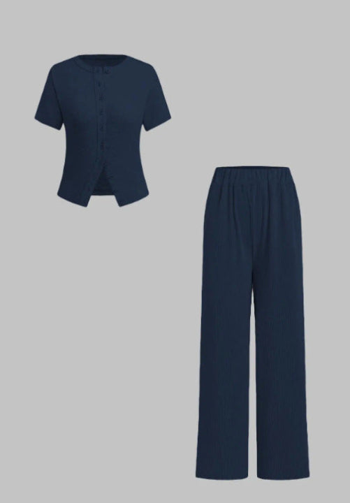 Miranda – Casual Button Front Top and Wide Leg Pants Set