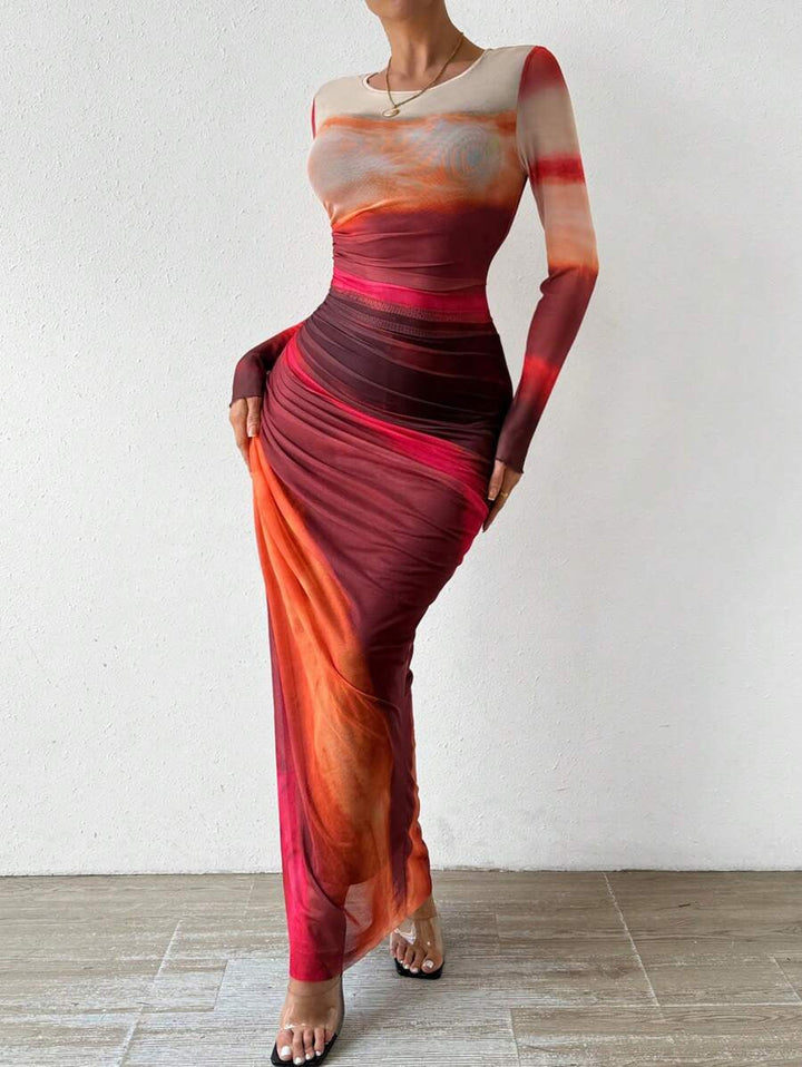 Julia – Comfy Printed Long Sleeve Round Neck Bodycon Maxi Dress