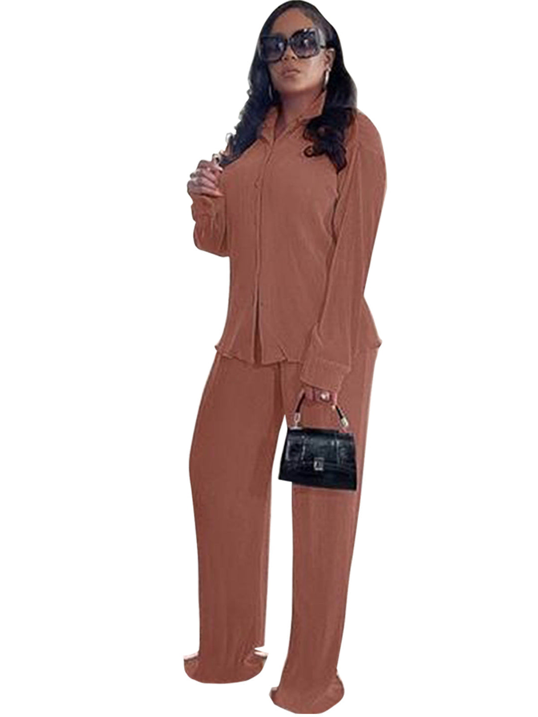 Cleo – Chic Collared Long Sleeve and Wide Leg Pant Set
