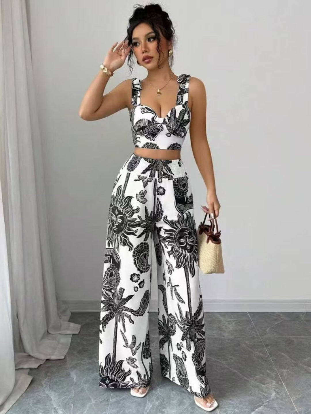 Vivienne – Elegant Boho Printed Crop and Wide Leg Pants Set