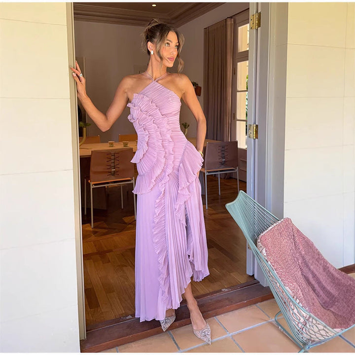 Angela – Elegant Halter Neck Lotus Summer Maxi Dress