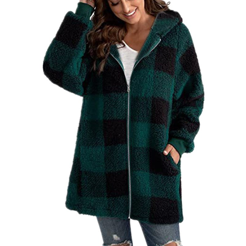Arabella – Plaid Fleece Long Sleeve Hooded Coat