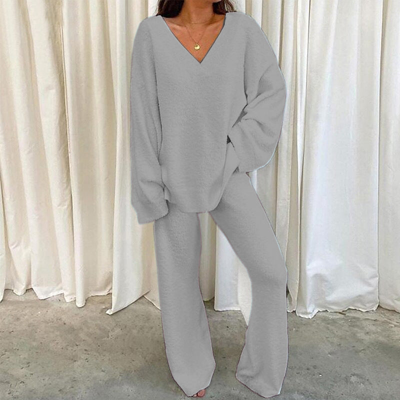 Rebecca – Soft Chunky V-Neck Top and Wide Leg Pants Lounge Set