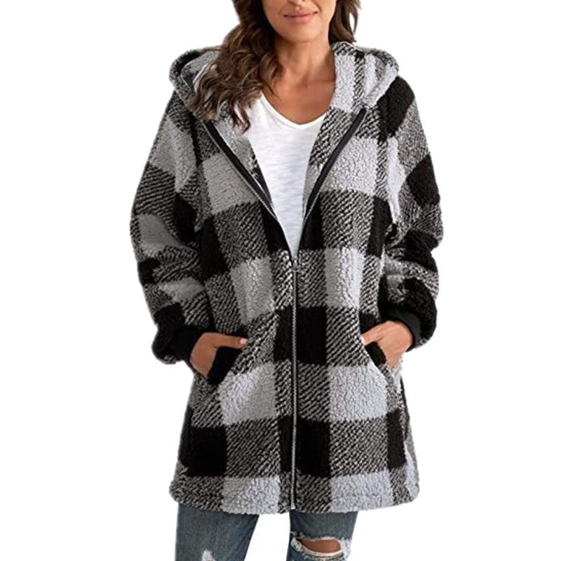 Arabella – Plaid Fleece Long Sleeve Hooded Coat