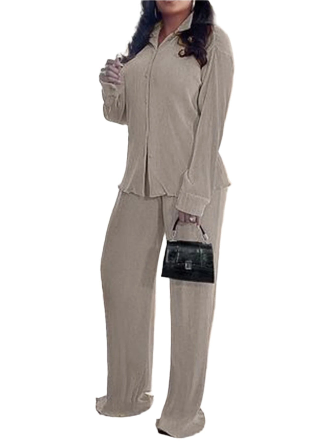 Cleo – Chic Collared Long Sleeve and Wide Leg Pant Set