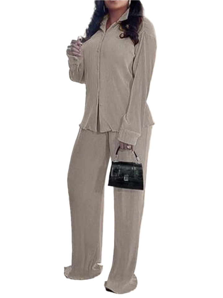 Cleo – Chic Collared Long Sleeve and Wide Leg Pant Set
