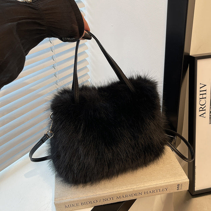 Lizzie – Fashionable Imitation Fur Small Handbag with Grip Handle and Shoulder Strap