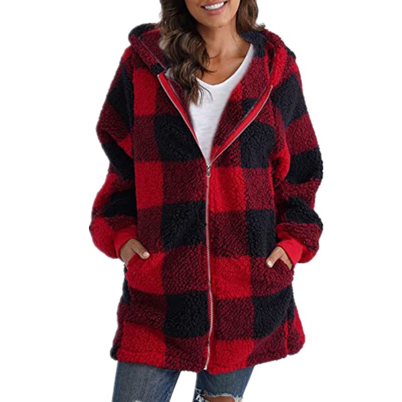 Arabella – Plaid Fleece Long Sleeve Hooded Coat