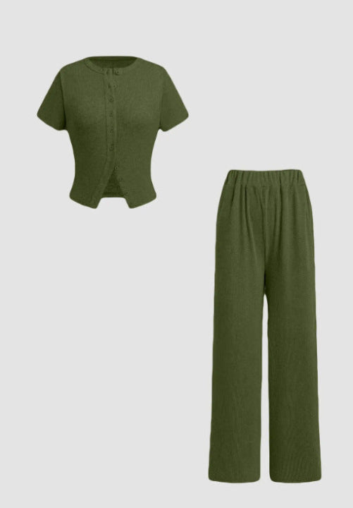 Miranda – Casual Button Front Top and Wide Leg Pants Set