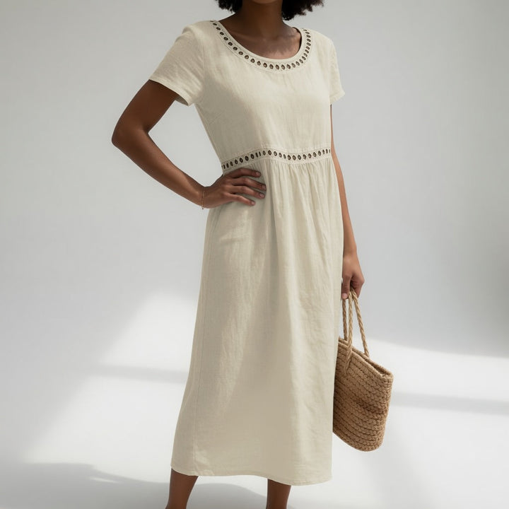 Judith – Linen Midi Dress with Lace Trim