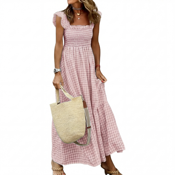 Nancy – Patchwork Plaid Flared Midi Dress